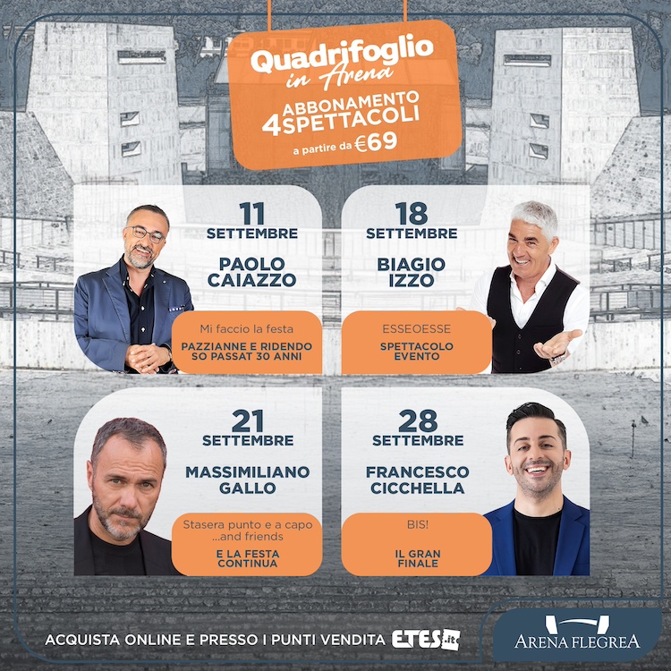 Quadrifoglio in Arena, settembre comico con i quattro spettacoli comici con Cicchella, Izzo, Caiazzo e Gallo